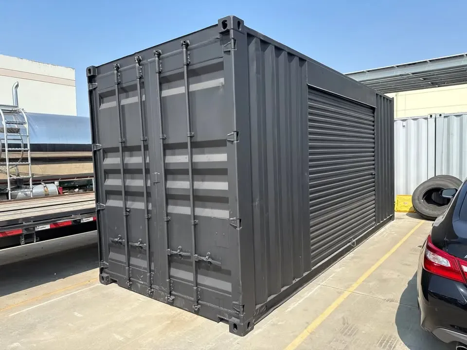 20ft Used Shipping Container - Matte Black w/ 12 Side Roll-Up Door for sale at Ironyard