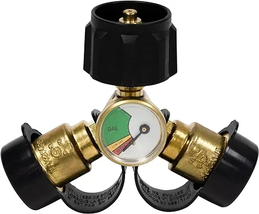 Propane Tank Adapters LP Gas Line Splitter 2 Way Hose Tee Y Propane Splitter with Gauge – 2 QCC1 Thead and 1 POL